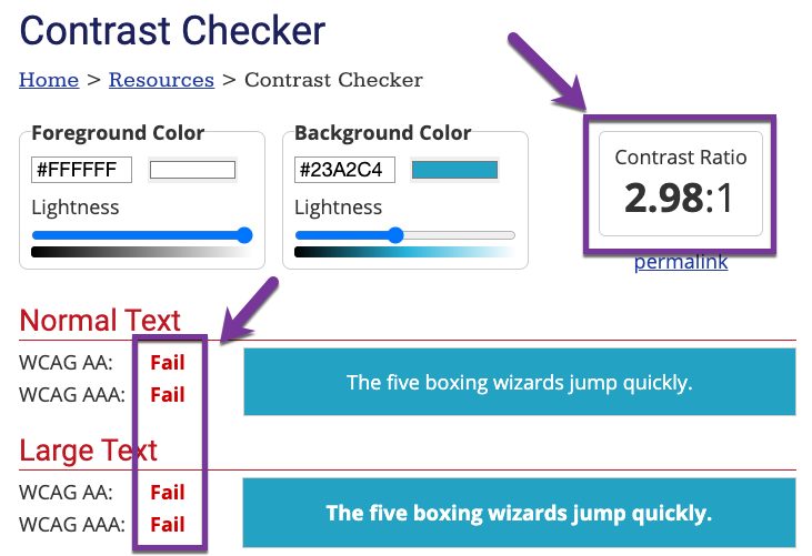 screenshot showing the color contrast level not acceptable for website accessibility