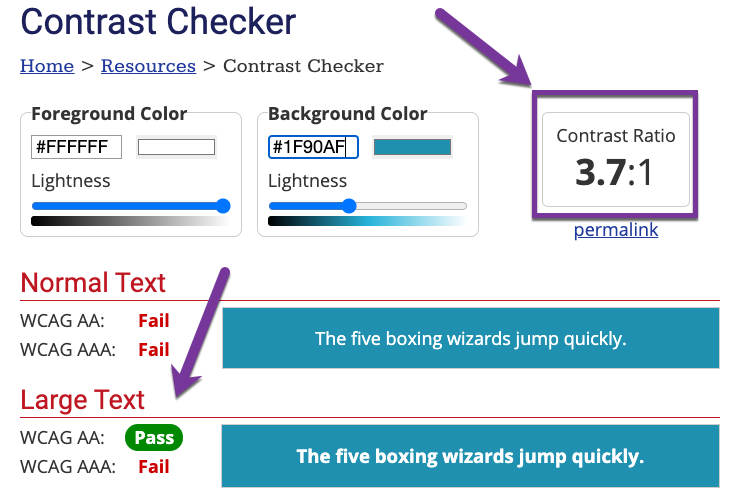 Screenshot showing a color contrast score with good website accessibility