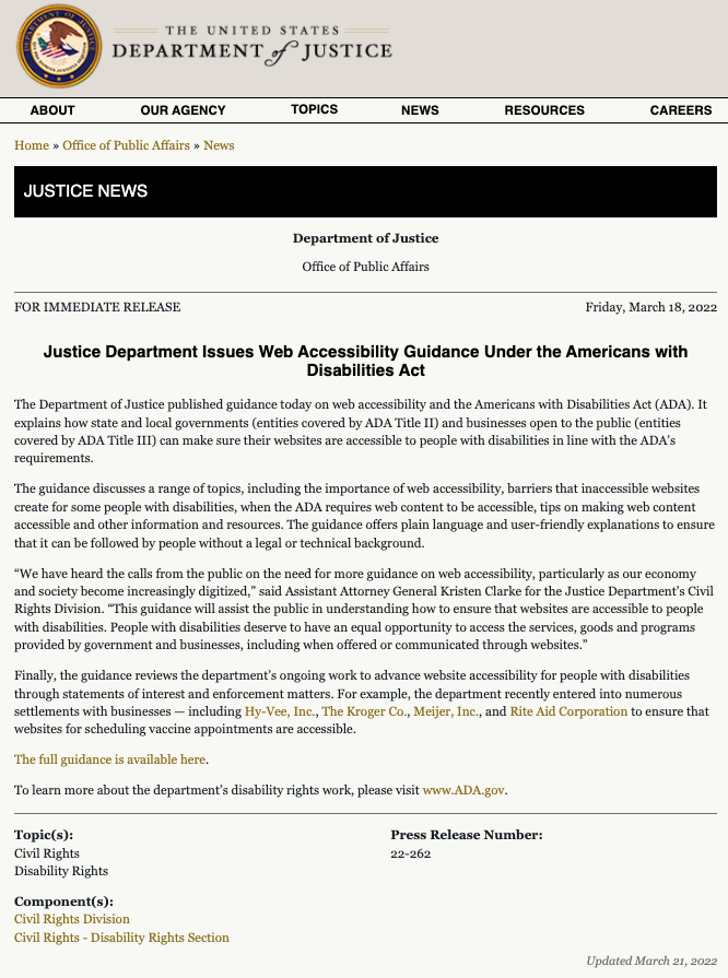 screenshot of the department of justice memo on web accessibility